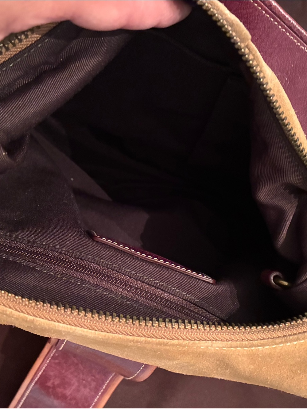 Vintage Coach Suede Hobo Bag in Tan with Burgundy Strap + Coach Suede Care Kit - Picture 9 of 14
